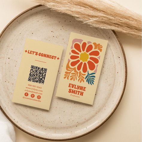 Hand Drawn Retro Colorful QR Code Boho 70s Floral Handmade Business Packaging, Logo For Handmade Business, Cute Business Cards Ideas Creative, Funky Business Cards, Qr Aesthetic, Visit Card Ideas, Name Card Design Ideas, Business Card Aesthetic, Artistic Business Cards