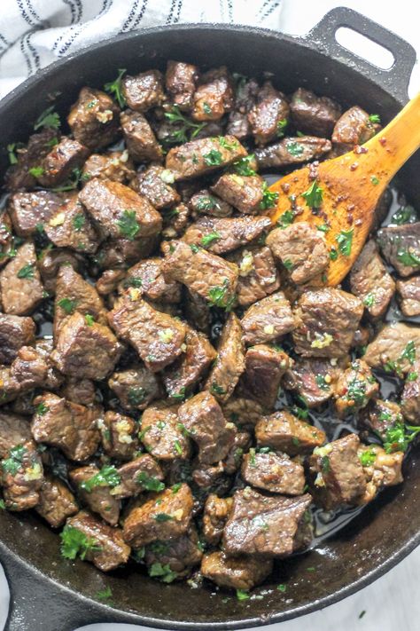 Peas And Rice, Easy Garlic Butter, Make Garlic Butter, Garlic Butter Steak Bites, Butter Steak Bites, Steak Bites Recipe, Pan Seared Steak, Jamaican Curry, Leftover Steak