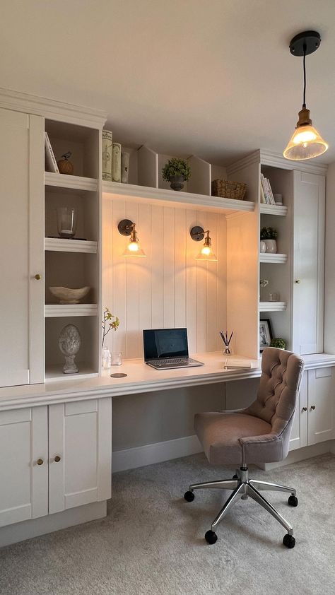 The office wouldn’t be the same without lighting! It makes such a difference to the space especially being a north facing… | Instagram Wall Built In With Desk, Mudroom And Office Combo, Small Office Den Room Ideas, Little Office Space Ideas, Desk Built In, Ikea Built In Desk, Built In Study Desk, Built In Desk And Shelves Office, Small Office Built Ins