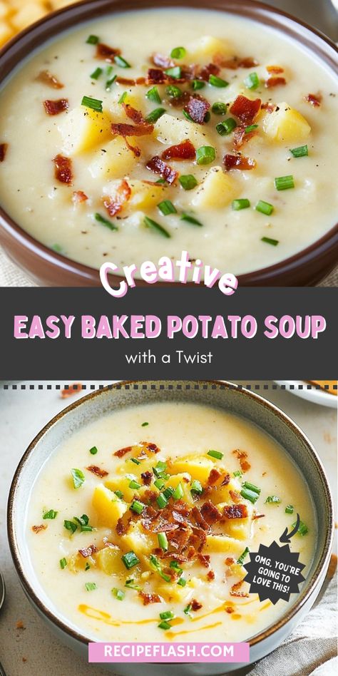 Searching for an effortless dinner idea? This easy baked potato soup recipe is creamy and delicious, making it a perfect choice for a satisfying meal that the whole family will love any night of the week. Stuffed Potato Soup, Potato Soup Meal Ideas, Potato Soup With Baked Potatoes, Dinner Ideas With Potatoes Meals, Potato Soup Half And Half, Potato Soup Easy Crockpot, Potato Soup With Sour Cream, Baked Potatoes Soup, Twice Baked Potato Soup