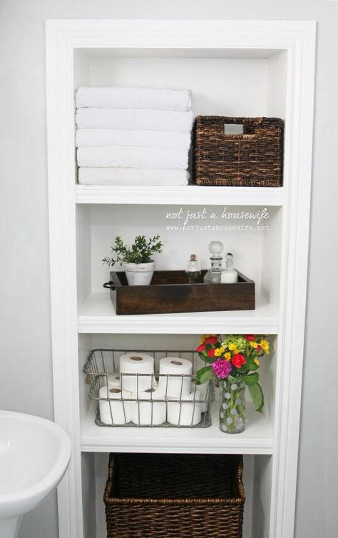 We all need more storage. @Stacy Risenmay got creative to solve a storage issue in her basement bathroom project. She cut out and framed this shelf, inset into the wall. It looks beautiful! Bathroom Closet, Bad Inspiration, Regal Design, Decor Baie, Small Bathroom Storage, Basement Bathroom, Upstairs Bathrooms, Bathroom Shelf, Kuta