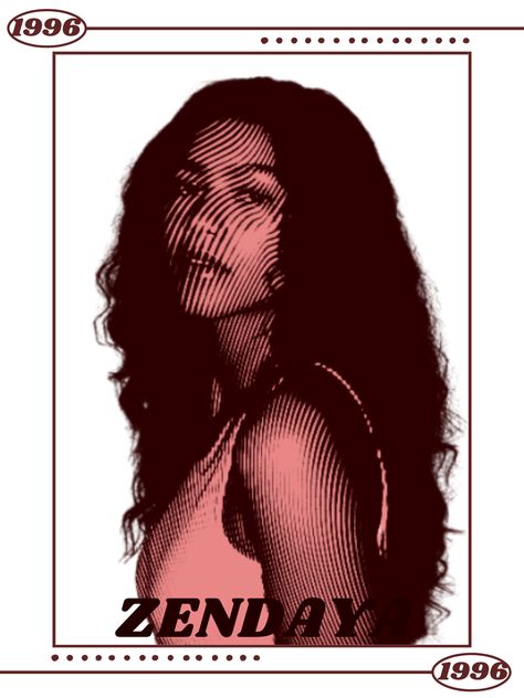 zendaya is red with decorations around her on a poster card Zendaya Poster Aesthetic, Zendaya Poster Vintage, Poster Prints Wall Bedroom Music, Y2k Posters For Room, Y2k Wall Prints, Pink Zendaya, Posters Celebrities, Zendaya Poster, Y2k Photo Wall