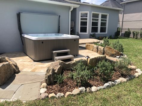 Hot tub hardscape & landscape... travertine spa lanai, boulders, river rocks Pavers For Hot Tub, Landscape Hot Tub, Hot Tub Landscape, Patio Paver Designs Layout, Flagstone Steps, Large Pavers, Hot Tub Landscaping, Pool Landscape Ideas, Hot Tub Patio