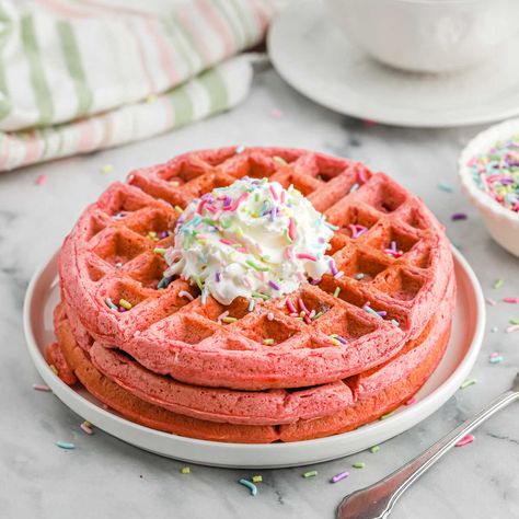 Pink Waffles Pink Waffles, Homemade Coffee Creamer Recipe, Overnight French Toast Recipe, Easy French Toast Bake, Easy Waffle Recipe, English Muffin Recipes, Cinnamon Roll Waffles, Eating On A Dime, Homemade English Muffins