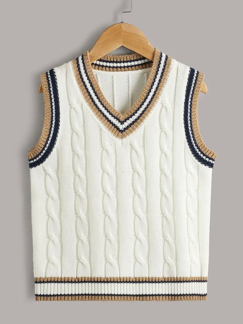 Beige Preppy  Sleeveless Acrylic Striped Pullovers Embellished Slight Stretch Spring/Fall Boys Clothing Half Sweater Outfits, Rajut Outfit, Crochet A Butterfly, Preppy Vest, Half Sweater, Plus Size Knitwear, Mens Fashion Streetwear, Casual Vest, Boys Sweaters