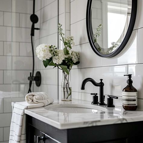 12 Modern Small Bathroom Decor Ideas in Black for a Bold Statement • 333+ Art Images Bathroom Ideas Modern Decor, Bathrooms With Black Cabinets, White Bathroom With Black Accents, Modern Small Bathroom Decor, White Bathroom Ideas Modern, White Spa Bathroom, Black Faucets, Small Bathroom Decor Ideas, Black Cabinets Bathroom