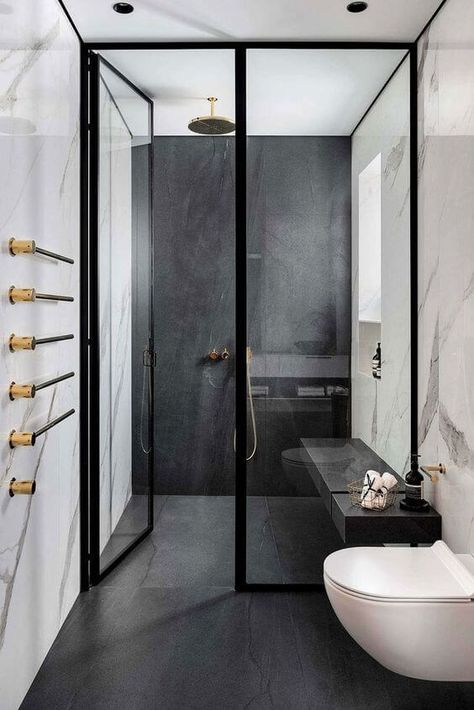 #homesafetytaxcredit #livinginplace #homesafety #functionalhome #comfortablehome #nonslipflooring #radiantheat #bathroomdesign #zerothresholdshower Ideas Baños, Black And White Bathroom, Interior Design Minimalist, Bad Inspiration, Steam Showers Bathroom, Dream Bathrooms, Bathroom Layout, Rustic Bathroom, Dream Bathroom