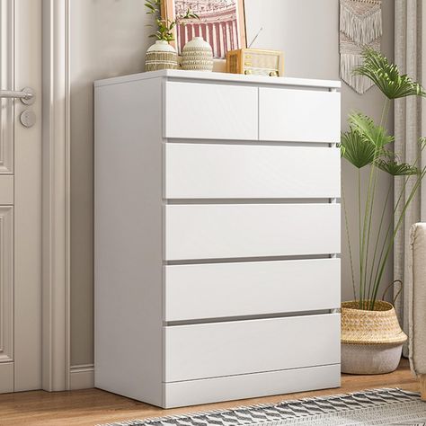 PRICES MAY VARY. 🎀【6 Drawers & Metal Guide Rail】: We offer 2 types of drawers for classified storage, 4 large wood drawers for shirts, sweaters, long sleeves, etc., and 2 small wood drawers can be used to store your scarves, underwear, socks, diapers, etc. In addition, the metal rail of each drawer is designed through multiple polishing, which makes the rail more smooth and the drawer will not be pulled out and dropped easily. 🎀【Classic Tall Chest of Drawers】: The bedroom wooden chest of drawe Storage Drawers Closet, Drawers Decor, Tall White Dresser, White Dresser Bedroom, White Wood Dresser, Small Closet Storage, Closet Organizer With Drawers, Tall Chest Of Drawers, Chest Of Drawers Bedroom