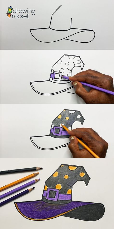 How to Draw and Color a Witch Hat in very simple steps. Please watch the tutorial video in the link below #halloweenhat #witchhat #drawahat Simple Witch Hat Drawing, How To Draw A Witch, Cartoon Witch, Witch Drawing, Witch Shoes, Drawing Heads, Halloween Hats, Fall Halloween Crafts, Halloween Drawings