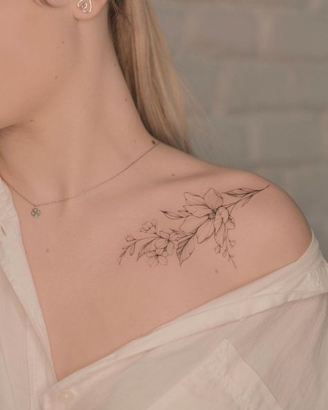 T E R R Y E M I tattoo on Instagram: “Magnolia & cherry blossom 🌸” Flower Tattoo On Shoulder, Small White Tattoos, Girl Shoulder Tattoos, Forearm Flower Tattoo, Lily Flower Tattoos, Floral Tattoo Shoulder, Tattoo On Shoulder, Small Shoulder Tattoos, Flower Tattoo Back