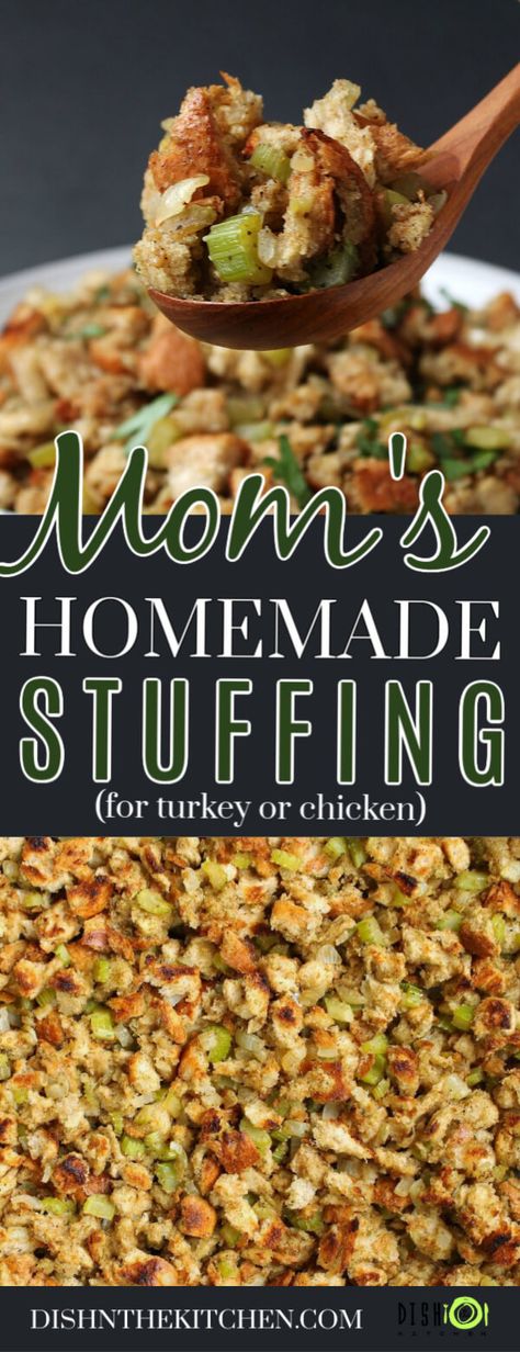 This homemade stuffing recipe is the classic holiday side dish you are looking for! Passed down through generations and featuring simple ingredients with that perfect poultry seasoning flavour. Stuff your turkey, chicken, or just make a large pan full and bake separately. #stuffing #dressing #Thanksgiving #sides #breadstuffing #turkeystuffing #holidaysides Thanksgiving Recipes Turkey, Dressing Thanksgiving, Homemade Stuffing Recipes, Classic Stuffing, Turkey Stuffing Recipes, Dressing Recipes Thanksgiving, Homemade Stuffing, Stuffing Recipes For Thanksgiving, Thanksgiving Food Sides