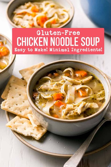 This quick and easy homemade gluten-free chicken noodle soup recipe is so nourishing! This one pot meal is perfectly warm and comforting. Make it on the stovetop, in the instant pot, or even the slow cooker! Gluten Free Crock Pot Soup Recipes, Crockpot Gluten Free Soup, Low Fodmap Soups Gluten Free, Gf Chicken Noodle Soup, Gluten Free Chicken Soup, Soup For Sick, Gluten Free Chicken Noodle Soup, Gf Lunch, Gluten Free Soup Recipes Glutenfree