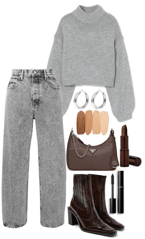 Black Grey And Brown Outfit, Grey Top Outfit Ideas, Grey Brown Outfit, Brown And Grey Outfit, Gray Jeans Outfit Winter, Grey And Brown Outfit, Grey Outfit Aesthetic, Gray Jeans Outfit Fall, Wonyoung Wardrobe