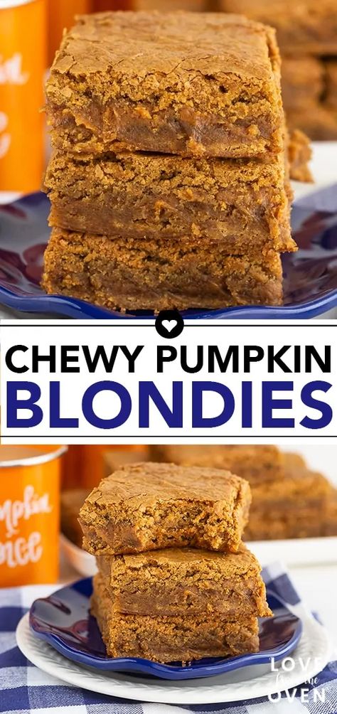 Halloween Blondies, Blondies Dessert, Pumpkin Sweets, Blondies Brownies, Pumpkin Blondies, Desserts Pumpkin, Pumpkin Vegan, Dessert For Fall, Dessert Fall