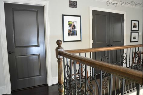 Honey We're Home: Paint Colors in Our Home 2016 Dark Gray Interior Doors, Sw Dovetail, Urbane Bronze Sherwin Williams, Agreeable Grey, Industrial Staircase, Grey Interior Doors, Urbane Bronze, Dark Doors, Painted Interior Doors