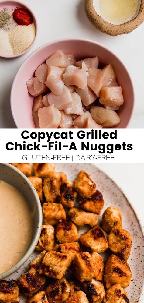 Copycat Grilled Chick-Fil-A Nuggets - Unbound Wellness Chick Fil A Grilled Chicken Recipe, Paleo Grilled Chicken, Grilled Nuggets, Sweet Potato Tots, Chick Fil A Nuggets, Unbound Wellness, Chick Fil A Sauce, Bbq Sauce Chicken, Nuggets Recipe