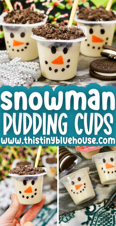 These easy snowman pudding cups are a fun holiday treat for kids of all ages.  A perfect sweet treat for a classroom party, potluck or just because - these Christmas pudding treats are so much fun to make and eat. December Snacks For Kids, Winter Preschool Snack Ideas, Snacks For Christmas Party For Kids, Christmas Treats Preschool, Christmas Morning For Kids, School Party Snacks Christmas, Christmas Party Daycare, Kids Christmas Snacks Parties, Snowman Class Party