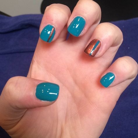 Copper and teal Acrylic Turquoise Nails For Fall, Blue Nails With Orange Design, Copper And Teal Nails, Cooper Nails Design, Turquoise And Brown Nails, Turquoise Fall Nails, Teal And Copper Nails, Brown And Turquoise Nails, Brown And Teal Nails