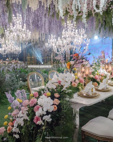 Debut Event Style, Fairytail Garden Wedding, 18th Birthday Flower Decorations, Winx Club Wedding, Event Garden Design, French Garden Theme Wedding, Magic Garden Wedding, Spring Garden Wedding Theme, French Garden Party Wedding