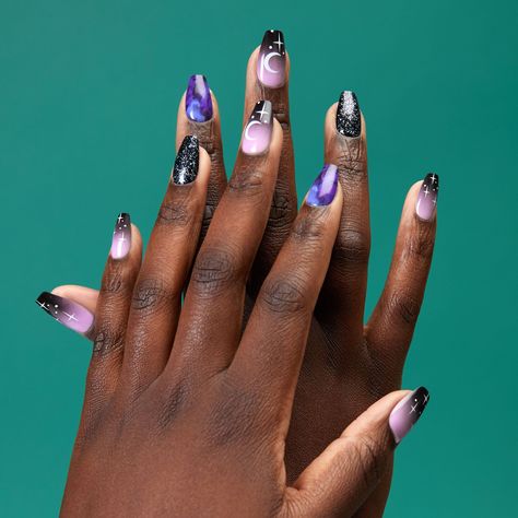 Fun French Tips, Celestial Icons, Village Witch, Nail Ridges, Black Gel Nails, Witch Nails, And So It Begins, Coffin Shape, Purple Accents