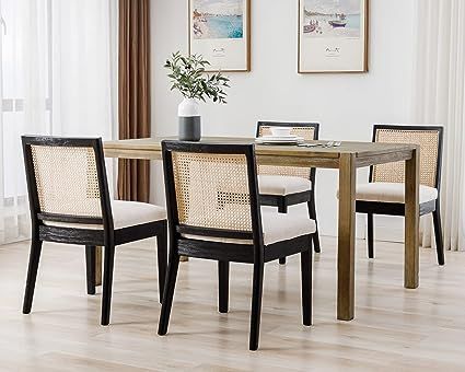 Amazon.com - LIVINOVA Farmhouse Rattan Dining Chairs Set of 4, Mid Century Modern Kitchen & Dining Room Chairs, Cane Upholstered Kitchen Chairs Side Chairs with Black Hardwood Frame, Beige - Chairs Modern Kitchen Dining Room, Natural Dining Room, Wood Dining Room Chairs, Cane Dining Chairs, Modern Kitchen Dining, Wooden Dining Room Chairs, Black Dining Room Chairs, French Dining Chairs, Dining Chairs Set Of 4