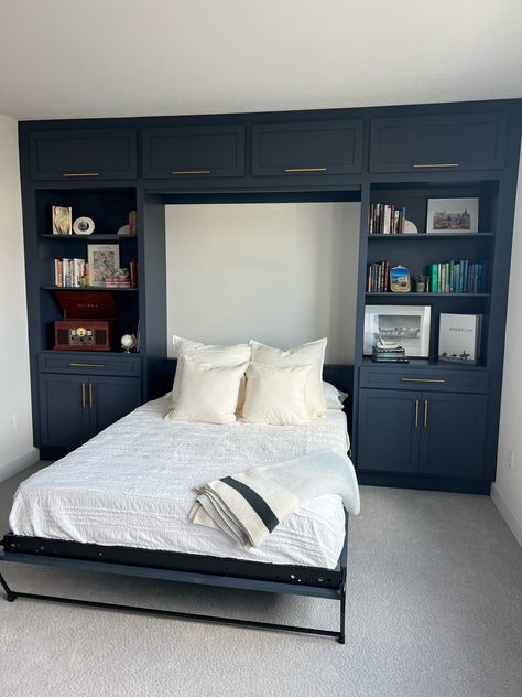 Madewell Woodworks | Vertical Queen Murphy Bed with upper cabinetry Spare Room With Murphy Bed, Murphy Bed With Lights, Murphy Bed Storage Ideas, Murphy Bed Boys Room, Multipurpose Guest Room With Murphy Bed, Built In Queen Bed Nook, Guest Room Office Murphy Bed, Murphy Bed Paneling, Homemade Murphy Bed