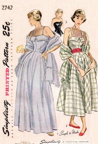 Simplicity 2742 Evening Extravaganza Dress & Stole / ca. 1949 Vintage Fashion Sketches, Vintage Clothes Patterns, Dress Stole, Gown Cocktail, Fashion Illustration Vintage, Cocktail Dress Prom, Vintage Dress Patterns, Cocktail Evening Dresses, Vestidos Vintage