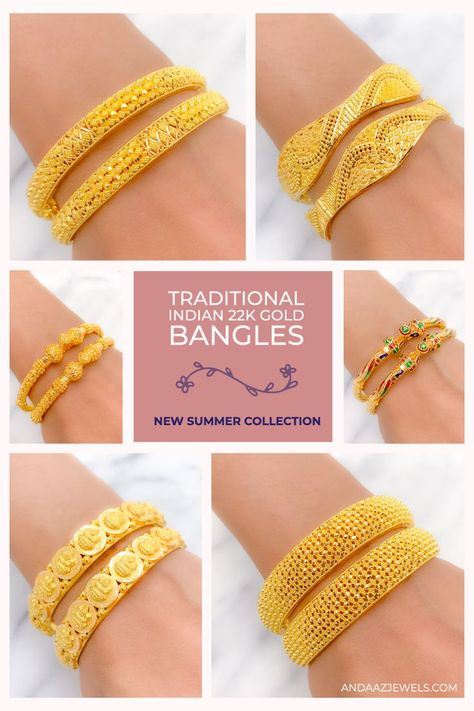 22k Gold Indian Bangles Andaaz Jewelers 22k Gold Bangles, Gold Bangles Indian, Gold Bangles For Women, New Gold Jewellery Designs, Fancy Jewellery Designs, Gold Bridal Jewellery Sets, Wrist Jewelry, Bangles Indian, Gold Ring Designs