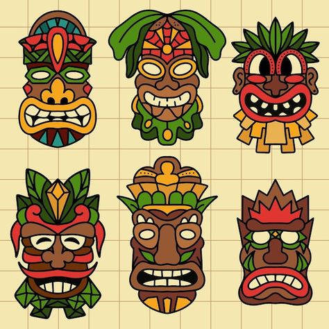 Tiki mask hawaiian cartoon illustration | Premium Vector #Freepik #vector #tribal-mask #tiki-mask #tiki #african-mask How To Draw A Tiki Head, Mayan Mask, Tiki Faces, Tiki Head, Mask Drawing, Tiki Mask, African Mask, Hawaiian Luau, Clay Art Projects