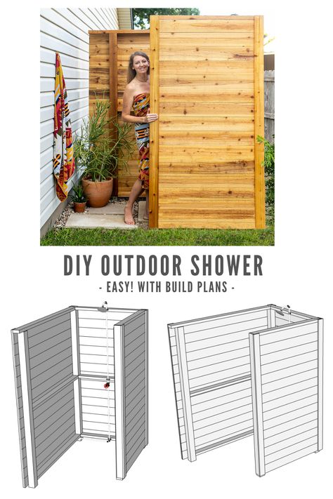 How to build your own refreshing Outdoor Shower! Perfect for hot summer days! Full video tutorial and digital build plans here Outside Shower Ideas, Diy Outdoor Shower Ideas, Shower Privacy, Resort Vibes, Shower Build, Outside Showers, Outdoor Shower Enclosure, Outdoor Shower Diy, Outdoor Bathroom Design