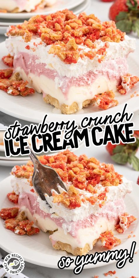 Strawberry Shortcake Ice Cream Cake is a delicious take on the Good Humor classic ice cream bars. Layers of creamy ice cream on a Golden Oreo base topped with homemade strawberry crunch! Strawberry Cheesecake Ice Cream Cake, Homemade Strawberry Crunch, Cheesecake Ice Cream Cake, Strawberry Shortcake Ice Cream Cake, Strawberry Ice Cream Bar, Layered Ice Cream Cake, Good Humor Ice Cream, Christmas Ice Cream Cake, Strawberry Ice Cream Cake