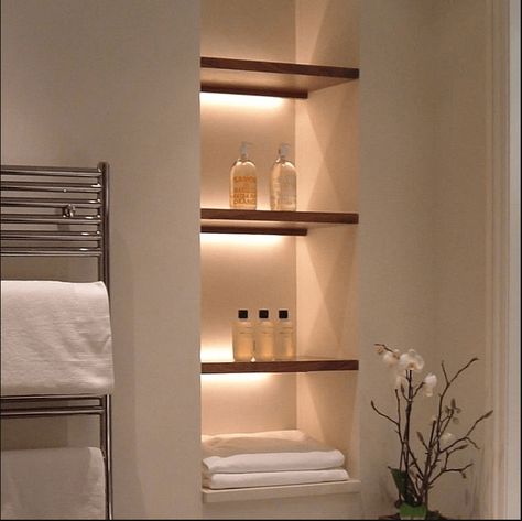 bathroom-niche-shelves-wood #bathroomshelves Niche Shelves, Bathroom Display, Bathroom Lighting Design, Dekorere Bad, Bathroom Niche, Recessed Shelves, Ideas Baños, Wall Niche, Bad Inspiration