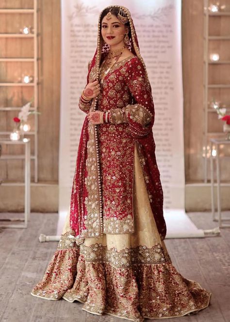 Long Shirt Bridal Dress Pakistani, Pakistani Bridal Dupatta Draping Styles, Farshi Lehenga, Bridal Dupatta Draping Styles, Farshi Sharara, Bridal Garara, Red Bridal Lehenga Pakistani, Embroided Dresses, Bridal Lehenga Pakistani