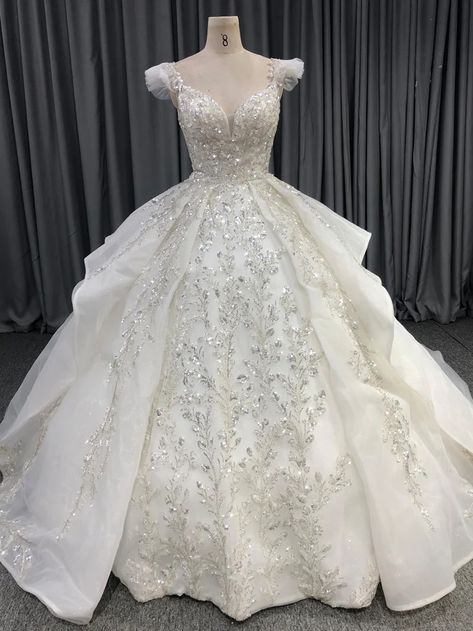 Organza Bridal Ball Gown Sequins Bodice Court Train Wedding Dresses Organza Ball Gown, Organza Bridal, Train Wedding Dresses, Court Train Wedding Dress, Glitter Wedding Dress, Royalty Fashion, Wedding Dress Organza, Fairy Tale Wedding Dress, Dresses Satin