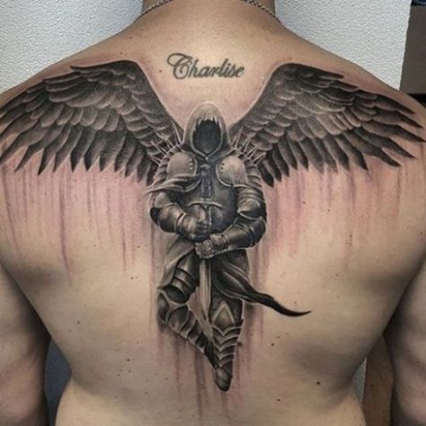 Abuelo Tattoo, Angelo Guerriero, Tato Dada, Cool Back Tattoos, Upper Back Tattoos, Tattoo Inspiration Men, Full Back Tattoos, Warrior Tattoos, Angel Tattoo Designs