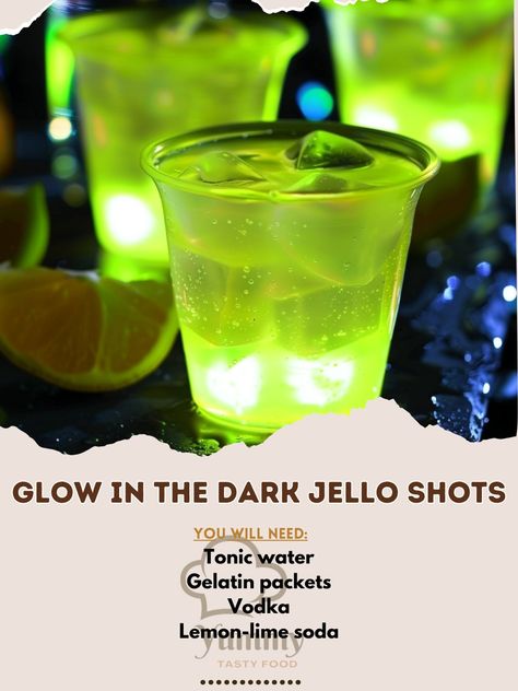 🌟 Glow in the Dark Jello Shots: Light up your night with these magical shots! #GlowParty Glow in the Dark Jello Shots Ingredients: Tonic water (2 cups (480 ml)) Gelatin packets (2) Vodka (1 cup (240 ml)) Lemon-lime soda (1 cup (240 ml)) Instructions: Boil tonic water, dissolve gelatin. Mix in vodka and soda, pour into cups. Chill until set. 🌌 Ready to make your party shine? These shots glow under black light! #NightGlowFun Glow In The Dark Jello Shots, Glow In The Dark Jello, Shots Alcohol Recipes, Cozy Fall Recipes, Jello Shot Recipes, Instagram Recipes, Shots Alcohol, Lemon Lime Soda, Rustic Bar