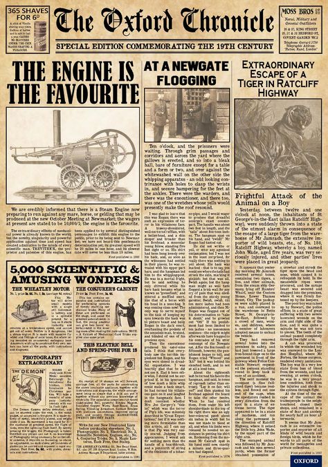 The Oxford Chronicle: discover this free, downloadable 19th-century newspaper. Perfect for use in the classroom, this bespoke resource will help you make the study of 19th-century fiction and non-fiction engaging and fun http://ow.ly/TiD0301Y4NB History Newspaper, Dark Academia Posters, Newspaper Background, Vintage Paper Printable, English Newspapers, Old Paper Background, Moss Bros, Newspaper Art, Vintage Newspaper