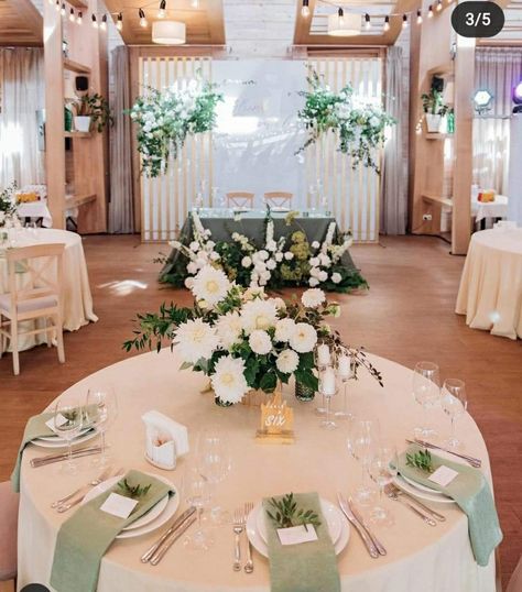 Reception Table Layout, Sage Green Wedding Theme, Sweetheart Table Wedding, Green Themed Wedding, White Wedding Theme, Wedding Planning Decor, Sage Wedding, Dream Wedding Venues, Sage Green Wedding