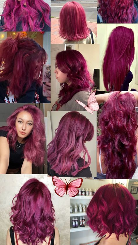 Fuschia Hair Black Women, Deep Red And Pink Hair, Fusha Hair, Red And Purple Hair Color Ideas, Brown Skin Red Hair, Dark Magenta Hair, Magenta Balayage, Red And Purple Hair, Raspberry Hair Color