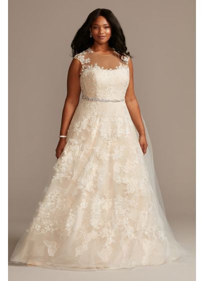 Applique Point D'Esprit Plus Size Wedding Dress 9WG3980 Plus Wedding Dresses, Plus Size Wedding Dress, Wedding Dress Style, Wedding Dress Gallery, Davids Bridal Wedding Dresses, Curvy Bride, Davids Bridal Dresses, Illusion Neckline, Chapel Train