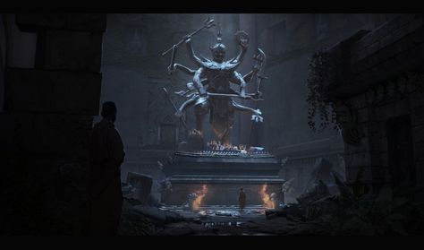 Hidden Temple Concept Art, Fantasy Temple Interior Concept Art, Fantasy Statue Concept Art, Ancient Temple Concept Art, Ancient Environment, Temple Concept Art, Dark Temple, Fantasy Statue, Interior Concept Art