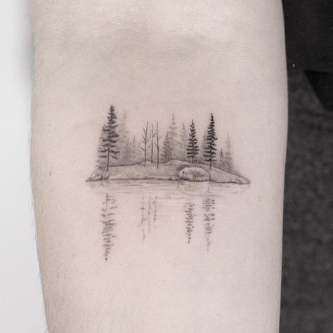 Minimal landscape tattoo by Lindsay April #LindsayApril #lindsayapriltattoo #landscapetattoo #fineline #minimal #blackandgrey #small #landscape #reflection #trees #forest #sea #lake #nature | May 9th 2018 | 532282 Creation Tattoo Ideas, Loon Tattoo, Reflection Tattoo, Small Nature Tattoo, Natur Tattoo Arm, Scenery Tattoo, Tree Tattoo Back, Lake Tattoo, Island Tattoo