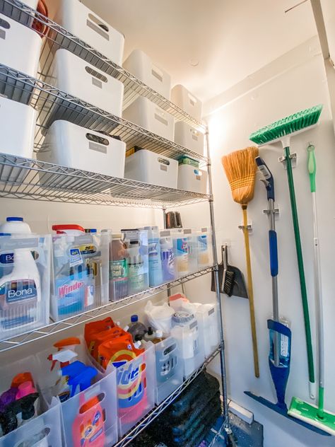 Under Stairs Storage Cleaning Supplies, Large Cleaning Closet, Organise Cleaning Products, Utility Closet Under Stairs, Cleaning Closet Aesthetic, Under Stairs Cleaning Closet, Garage Cleaning Supply Storage, Cleaning Supply Closet Organization, Cleaning Storage Closet