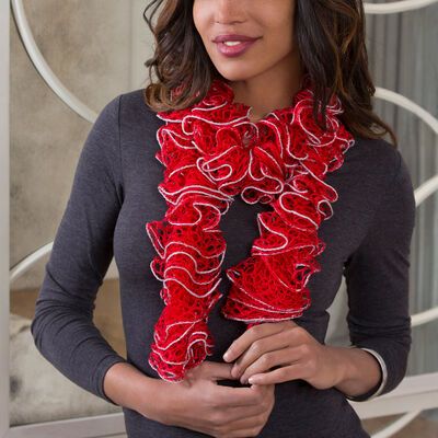 Red Heart Ruffle or Not Capelet | Yarnspirations Sashay Scarf, Crochet Apparel, Tl Yarn Crafts, Scarf Knitting Pattern, Easy Knitting Patterns Free, Sparkle Yarn, Red Heart Patterns, Ruffle Scarf, Scarf Knitting