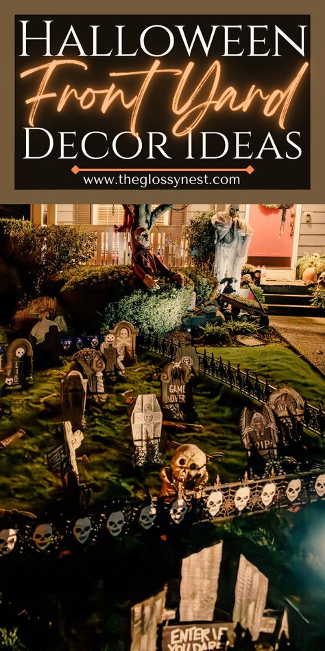 Want to have the most festive Halloween yard on the block?  Turn your place into a haunted house with these top Halloween front yard ideas!  Including Halloween front yard decorations with graveyards, cemetery, ghosts, witches, inflatables, blow ups, circus, carnival, clowns, lights, maze, pumpkins, jack-o-lanterns, skeletons, hocus pocus, spiders, signs, arches, aliens & more!  Create a cute, funny, creepy, classy, scary, spooky, unique or vintage Halloween front yard display with these ideas! Front Yard Graveyard Halloween Ideas, Halloween Yard Displays Graveyard, Best Halloween Front Yards, Halloween Carport Decorations, Halloween Outdoor Display Ideas, Scary Halloween Yard Ideas, Witches House Halloween Decorations Outdoor, Scary Pumpkin Halloween Decorations, Cemetary Halloween Ideas