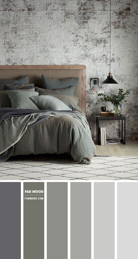 Grey and Muted Sage Green For Bedroom | Industrial Bedroom Decor Muted Green Bedding, Green On Green Bedding, Bedroom Sage Bedding, Grey Bed Green Bedding, Colors That Go With Grey Bedroom, Industrial Bedroom Wall Decor, Sage Green Bedroom Color Schemes, Green And Grey Bedding Ideas, Industrial Colour Scheme