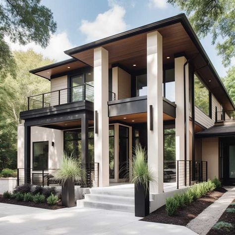 Modern Front Porch Columns, House With Pillars Entrance, Modern Exterior Columns, Entrance Patio Ideas, Entry Porch Ideas Entrance, Exterior Pillar Design, Deck Columns, Front Porch Sitting Area, Contemporary Front Porch