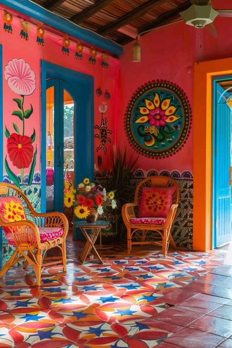 Mexican Salon Decor, Mexican Home Design Interiors, Bright Mexican Color Palette, Mexican Design Interior, Maximalist Classroom, Mexican House Aesthetic, Mexican Room Decor, Mexican Houses Interior, Mexican Modernism Interior