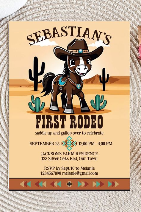 First rodeo cute cowboy baby horse in a hat birthday party template download western Arizona desert Horse Birthday Party Invitations, Cowboy Party Invitations, Rodeo Birthday Invitations, Hat Birthday Party, Horse Birthday Party, Birthday Party Template, Rodeo Birthday Parties, Desert Background, Hat Birthday