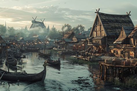 Viking Village Concept Art, Viking Landscape, Viking City, Viking Market, Viking Town, Viking Settlement, Viking Aesthetic, Viking Ships, Viking Village